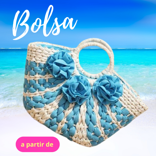 bolsa branca azul  palha