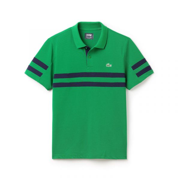 POLO REGULAR FIT LACOSTE GOLF DE PIQUE ULTRA-DRY COM FAIXAS LISTRADAS VERDE