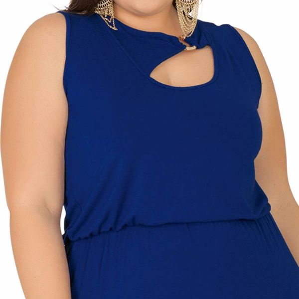 Vestido Longo Azul com Detalhe de Fivela Dourada Plus Size