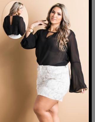 Blusa Mangas Sino Preta Plus Size