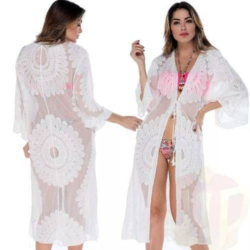 Saída de Praia kimono em Guipir Renda com estampa floral Moda Verão