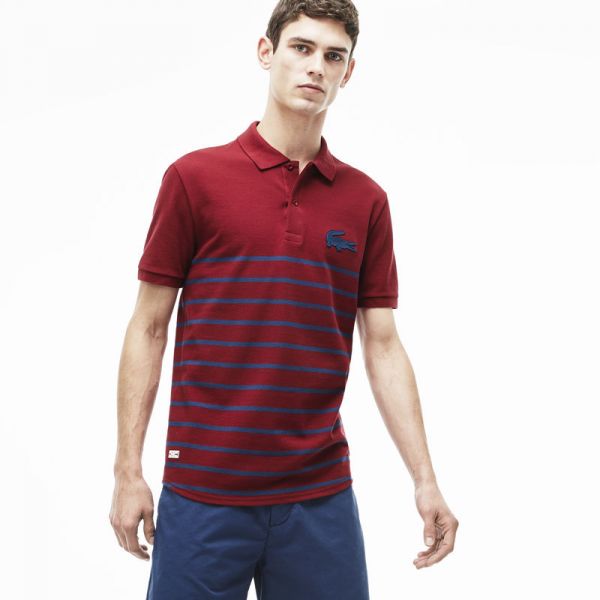 POLO SLIM FIT LACOSTE DE PIQUE FINO COM LISTRAS MARINHEIRO VERMELHO