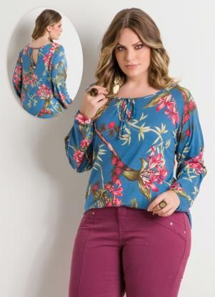 Blusa Floral Manga Longa Plus Size