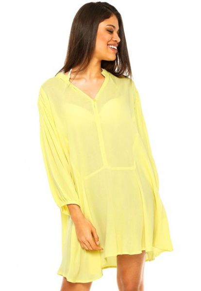 Vestido Salinas Curto Manga Trabalhada Amarelo